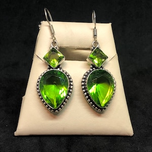 Large Green Gemstone Sterling Silver Earrings, Green Gemstone 925 Earrings, Green Gem Jewelry, Green Stone Earrings