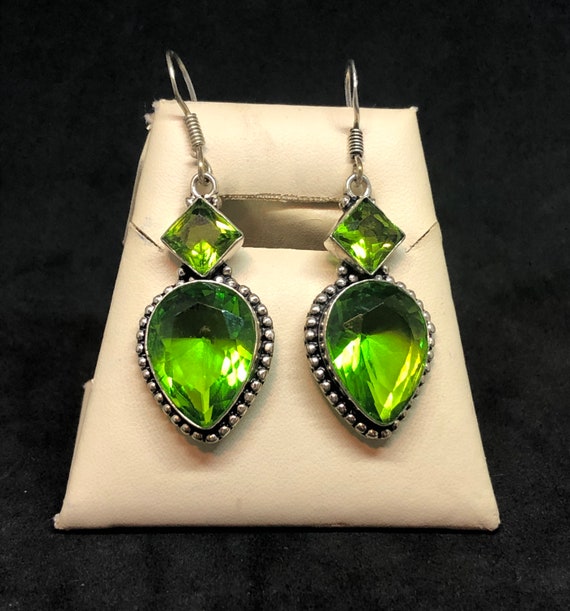 Large Green Gemstone Sterling Silver Earrings, Gr… - image 1