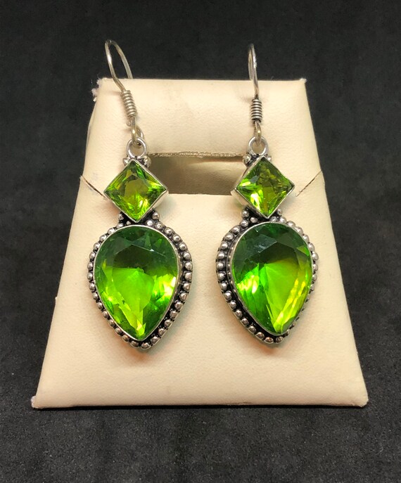 Large Green Gemstone Sterling Silver Earrings, Gr… - image 2