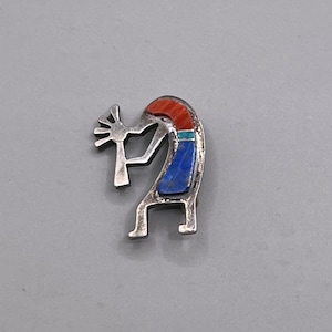 Phillip Guerro Vintage Native American Navajo Coral Inlay Sterling Silver Kokopelli Pin Phillip Guerro Vintage Native American Navajo Coral Inlay Sterling Silver Kokopelli Pin
