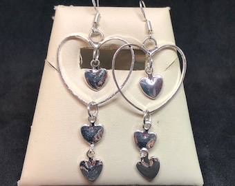 925 Sterling Silver Dangle Heart Earrings, Heart Earrings, Heart Dangling Earring, Valentines Day Earrings