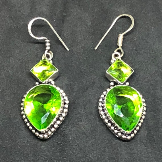 Large Green Gemstone Sterling Silver Earrings, Gr… - image 4