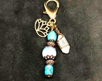 Moonstone & Turquoise Crystal Pet Charm, Collar Charm, Crystal Charm, Lotus Flower Collar Charm, Healing Pet Amulet, Protection Pet Charm,