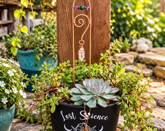 May include: A black plant pot with the white text Lost Science Crystals and moon phase graphics, containing a succulent and a copper wire plant stake. The stake features a clear crystal point at the top, a spiral, and a dangling crystal point.