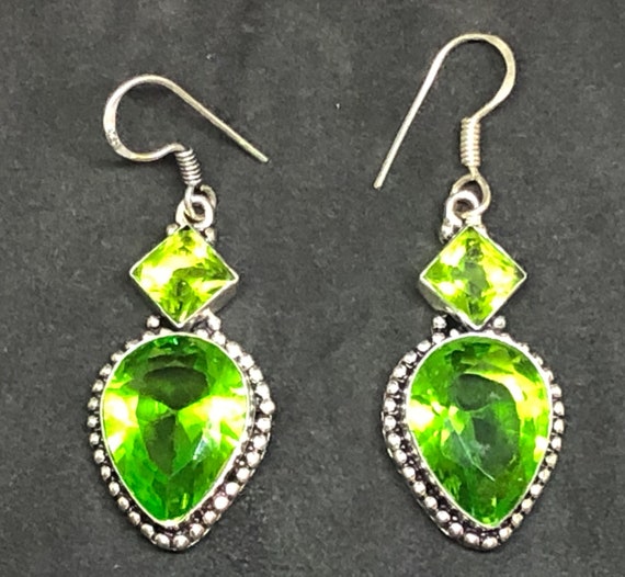 Large Green Gemstone Sterling Silver Earrings, Gr… - image 3