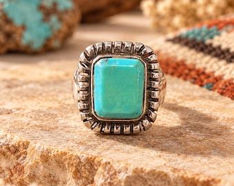Vintage Greg Bennett Sterling Silver Turquoise Ring, Authentic Southwestern Sunburst Statement Ring Signed © GB 925,Vintage Turquoise Size 7