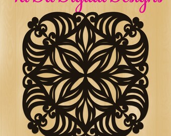 May include: A dark brown, symmetrical, floral design with Ta Da Digital Designs in pink script. The design is square, with a central flower-like pattern and ornate, swirling edges, set against a light wood grain background.