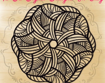 Könnte beinhalten: Schwarzes, aufwendiges, lasergeschnittenes Design im floralen oder Mandala-Stil. Das Design weist ein komplexes Muster aus geschwungenen Linien und Formen auf. Der Text "Ta Da Digital Designs On Etsy" ist oben in Pink. Der Hintergrund ist helles Holz.