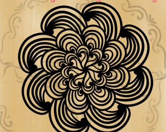 May include: Black floral design with swirling lines, centered on a light brown background. The text "Ya Da Digital Designs On Etsy" is in pink script at the top. The design has a symmetrical, layered appearance.