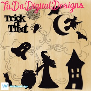 May include: Black Halloween-themed cutouts on a light wood-grain background. Includes a witch on a broom, a ghost, a cat, a cauldron, a spider, a bat, a crescent moon, a haunted house, and the words "Trick or Treat".