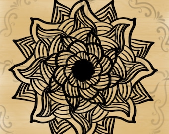 May include: A black, symmetrical floral design with intricate lines and a central dark circle. The image has the text "Ta Da Digital Designs On Etsy" in pink. The design is set against a light brown background.