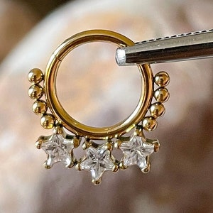 Gold Triple Cubic Zirconia Gem Star & Beaded Hinged Septum Clicker Daith Rook Ring 1.2mm 8mm