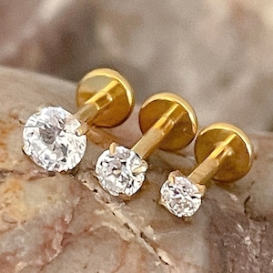 ASTM F136 Titanium Gold Round Clear Gem Prong Set Labret Cartilage Helix Tragus 1.2mm 6/8mm