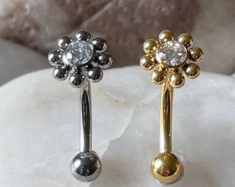 ASTM F136 Titanium Internally Threaded Bubble Beaded Flower Gem Micro Curved Barbell Daith Rook Eyebrow 1.2mm 8mm