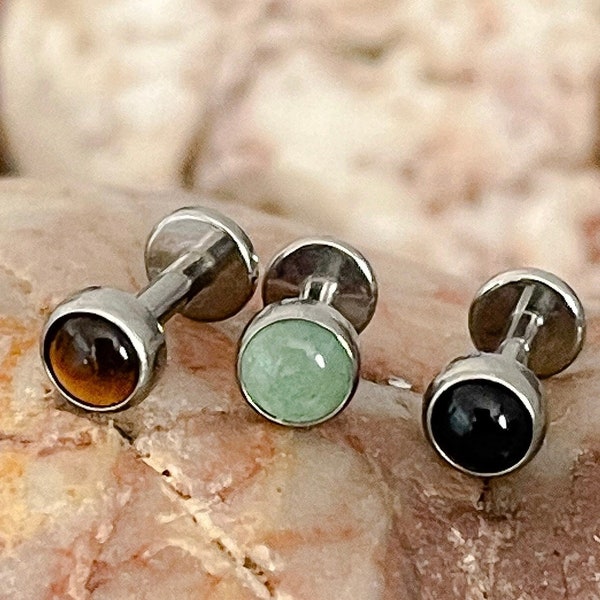 ASTM F136 Titanium 4mm Natural Stone Tiger Eye/ Jade Green/ Black Onyx Bezel Set Labret Helix Conch Monroe Tragus 1.2mm 6/8mm