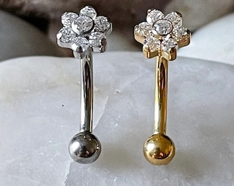 ASTM F136 Titanium Internally Threaded Flower Cluster Gem Micro Curved Barbell Daith Rook Eyebrow 1.2mm 8mm