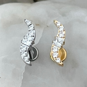 ASTM F136 Titanium Square & Round Cubic Zirconia Gem Curved Swirl Effect Labret Helix Conch Cartilage Tragus 1.2mm 6/8mm
