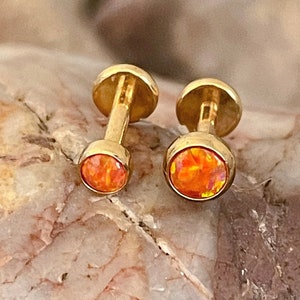 ASTM F136 Titanium Gold 3mm/4mm Fire Orange Opal Bezel Set Labret Helix Conch Lip Monroe Tragus 1.2mm 6/8mm