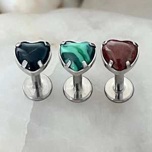 ASTM F136 Titanium Natural Heart Stone Black/Malachite/Bloodstone Prong Set Labret Helix Conch Monroe Tragus 1.2mm 6/8mm