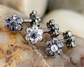 ASTM F136 Titanium Internally Threaded Double Mystic Topaz /Vitrail 5mm Flower Gem Micro Curved Barbell Daith Rook Eyebrow 1.2mm 6/8mm