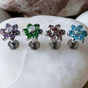 ASTM F136 Titanium Cubic Zirconia Gem Flower Labret Helix Conch Lip Monroe Cartilage Tragus - 4 Colours 1.2mm 6mm/8mm