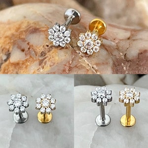 ASTM F136 Titanium Small Flower Petal Cubic Zirconia Gem Cluster Labret Helix Conch Cartilage Tragus 1.2mm 6/8mm