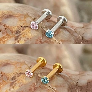 ASTM F136 Titanium Tiny Platinum /Gold Plated 2mm Light Pink /Light Blue Aqua Round Gem Prong Set Labret Cartilage Helix Tragus 1.2mm 6mm