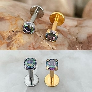 ASTM F136 Titanium 2.5mm/3mm Mystic Topaz /Vitrail Medium Round Gem Prong Set Labret Cartilage Helix Tragus 1.2mm 6/8mm