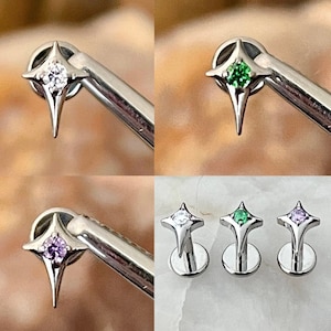 ASTM F136 Titanium Pointed North Star With Gem Centre Labret Helix Conch Cartilage Tragus 1.2mm 6mm 8mm