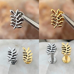 ASTM F136 Titanium Tiny Olive Fern Tree Leaf Effect Labret Helix Conch Cartilage Tragus 1.2mm 6/8mm