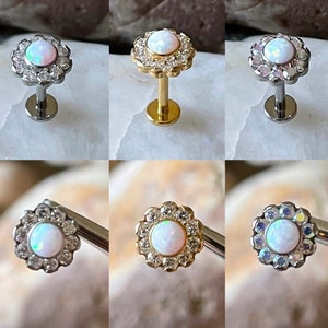 ASTM F136 Titanium Fire  Snow Opal & Gem Flower Cluster Labret Helix Conch Monroe Tragus  1.2mm 6mm / 8mm