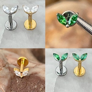 ASTM F136 Titanium Tiny Double Marquise Cubic Zirconia Gem Leaf Petal Effect Labret Helix Conch Cartilage Tragus 1.2mm 6/8mm