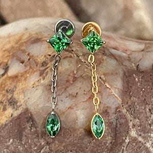 ASTM F136 Titanium Emerald Green Square with Marquise Drop Charm Dangle Effect Labret Helix Conch Cartilage Tragus 1.2mm 6/8mm