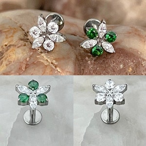 ASTM F136 Titanium Marquise & Round Gem Flower Effect Cluster Labret Helix Conch Cartilage Tragus 1.2mm 6mm 8mm