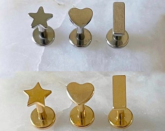 ASTM F136 Titanium Star/Heart/Rectangle Internally Threaded Labret Tragus Monroe Cartilage Stud 1.2mm 6/8mm