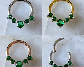 5 x Emerald Green Gem Hinged Septum Clicker Daith Rook Ear Ring 1.2mm 8mm - 3 Colours