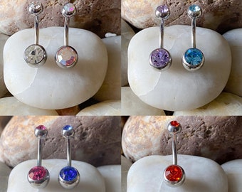 Basic Double Cubic Zirconia Gem Navel Belly Bar 1.6mm 10mm - 7 Colours