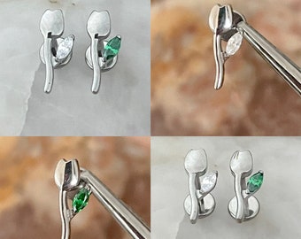 ASTM F136 Titanium Rose Bud Flower With Marquise Gem Leaf Labret Helix Conch Cartilage Tragus 1.2mm 6mm 8mm