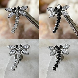 ASTM F136 Titanium Paved Gem Dragonfly Internally Threaded Labret Tragus Monroe Cartilage Stud  1.2mm 6/8mm