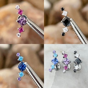 ASTM F136 Titanium Triple Square & Round Cubic Zirconia Gem Curved Cluster Labret Helix Conch Cartilage Tragus 1.2mm 6/8mm