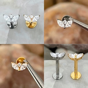 ASTM F136 Titanium Tiny Double Marquise & Round Cubic Zirconia Gem Leaf Petal Effect Labret Helix Conch Cartilage Tragus 1.2mm 6/8mm