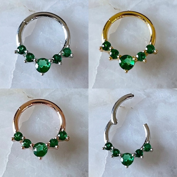 5 x Emerald Green Gem Hinged Septum Clicker Daith Rook Ear Ring 1.2mm 8mm - 3 Colours