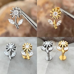 ASTM F136 Titanium Sunflower Cubic Zirconia Gem Labret Helix Conch Cartilge Tragus 1.2mm 6/8mm