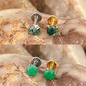 ASTM F136 Titanium 4mm Natural Stone Moss Agate/Green Onyx Prong Set Labret Helix Conch Monroe Tragus 1.2mm 6/8mm