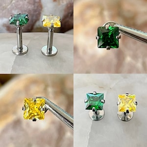 ASTM F136 Titanium Emerald or Yellow 3/4mm Square Gem Prong Set Labret Conch Tragus - 6/8mm Bar