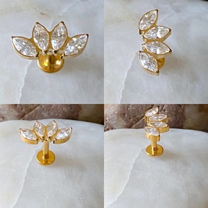 Gold Marquise Fan Crown Cubic Zirconia Gem Labret Helix Conch Cartilage Tragus 1.2mm 6mm