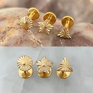 ASTM F136 Titanium Gold Round /Star/Triangle Ridged Effect Internally Threaded Labret Tragus Monroe Cartilage Stud 1.2mm 6/8mm