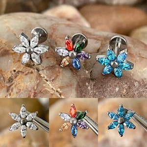 ASTM F136 Titanium Marquise Shaped Flower Petal Effect Gem Labret Helix Conch Cartilage Tragus 1.2mm 6mm 8mm