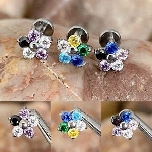 ASTM F136 Titanium Mixed Flower Petal Effect Cubic Zirconia Gem Labret Helix Conch Cartilage Tragus 1.2mm 6mm 8mm