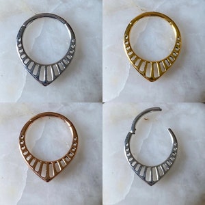 Teardrop V Shaped Open Pattern Hinged Septum Clicker Daith Rook Ring 1.2mm 8mm/10mm - Choice of 3 Colours